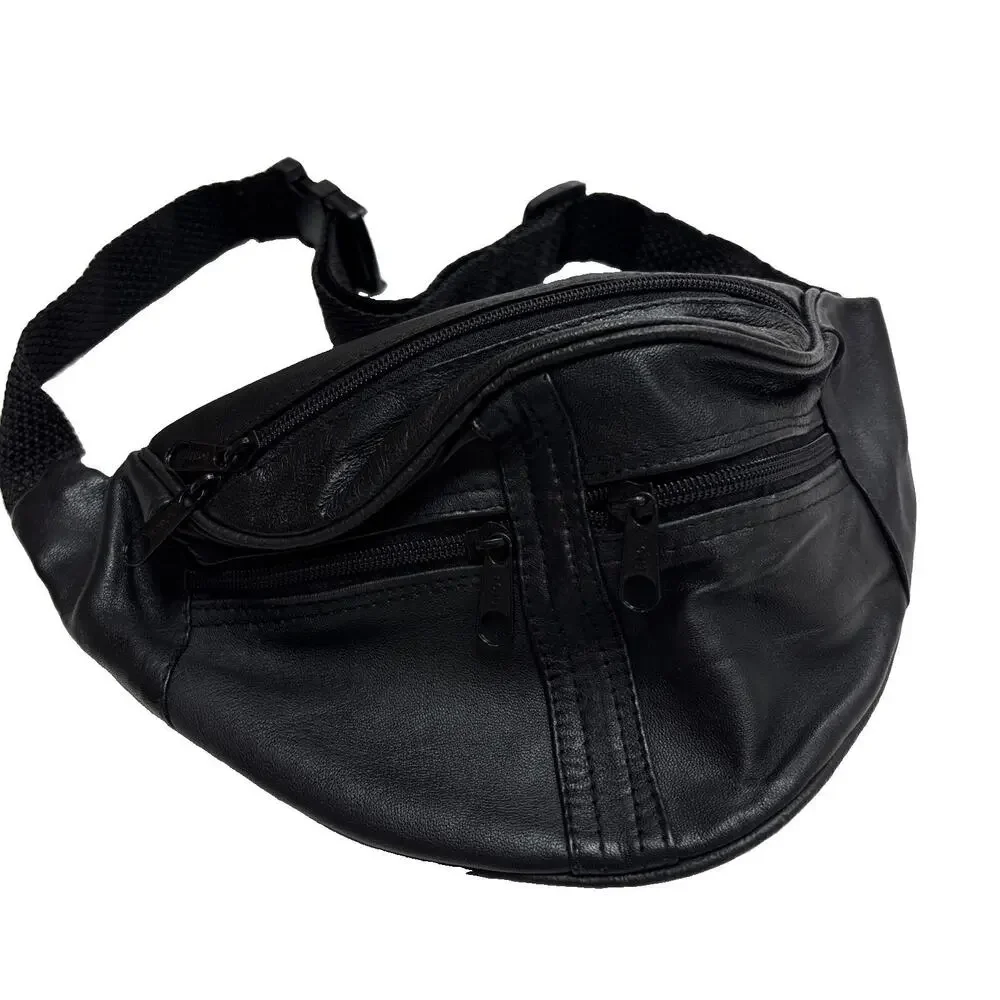 Vintage Leather Black Fanny Pack Waist Belt Bag Unisex Zipper 80s 90s